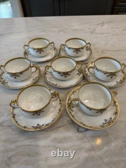 7 Haviland Limoges Gold Rim Bouillon Cups & Saucers Double Handle Leaf & Daisy