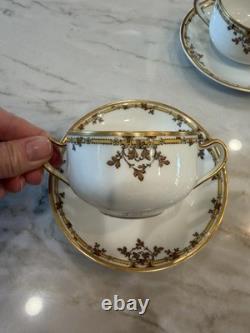 7 Haviland Limoges Gold Rim Bouillon Cups & Saucers Double Handle Leaf & Daisy
