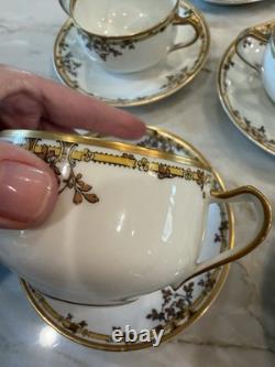 7 Haviland Limoges Gold Rim Bouillon Cups & Saucers Double Handle Leaf & Daisy