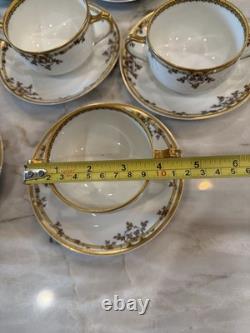 7 Haviland Limoges Gold Rim Bouillon Cups & Saucers Double Handle Leaf & Daisy