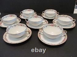 7 Limoges BOUILLON SOUP CUPS & SAUCERS Ahrenfeldt Multifloral Vine Gold Tr Antiq