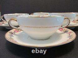 7 Limoges BOUILLON SOUP CUPS & SAUCERS Ahrenfeldt Multifloral Vine Gold Tr Antiq