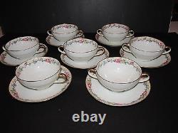 7 Limoges BOUILLON SOUP CUPS & SAUCERS Ahrenfeldt Multifloral Vine Gold Tr Antiq