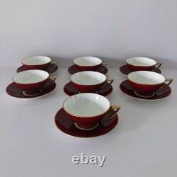 7 Minton England Porcelain Cups & Saucers Red w Gold Trim Set