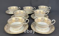 7 Wedgwood FLORENTINE GOLD Cups + Saucers with Dragons in White MINT