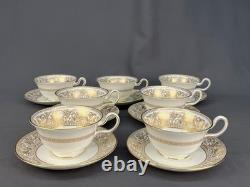 7 Wedgwood FLORENTINE GOLD Cups + Saucers with Dragons in White MINT