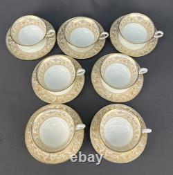 7 Wedgwood FLORENTINE GOLD Cups + Saucers with Dragons in White MINT