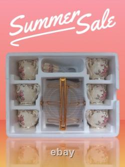 7 pcs Flowering Shrubs Tea Cups and Saucer Set of 6 with Golden Rack, 8 oz