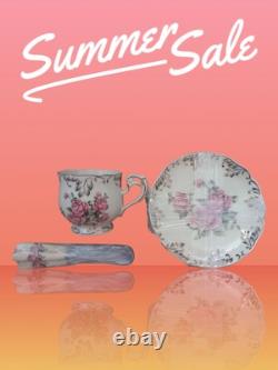 7 pcs Flowering Shrubs Tea Cups and Saucer Set of 6 with Golden Rack, 8 oz