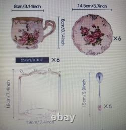 7 pcs Flowering Shrubs Tea Cups and Saucer Set of 6 with Golden Rack, 8 oz