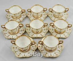8 Antique Aynsley Gold & Jeweled Bouillon Soup Bowls Cups & Saucers England Exc