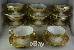 8 Antique Guerin Limoges Footed Cup & Saucer Sets Heavy Gold Hand Painted Floral