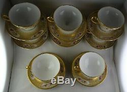 8 Antique Guerin Limoges Footed Cup & Saucer Sets Heavy Gold Hand Painted Floral