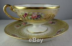 8 Antique Guerin Limoges Footed Cup & Saucer Sets Heavy Gold Hand Painted Floral