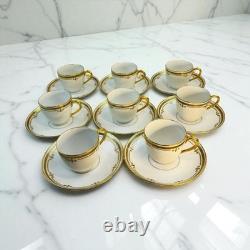 8 Bernardaud Limoges France Demitasse Cups & Saucers White Gold Leaf Encrusted