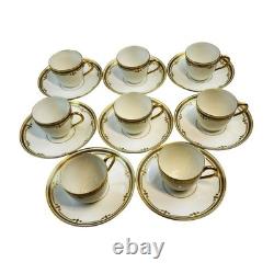 8 Bernardaud Limoges France Demitasse Cups & Saucers White Gold Leaf Encrusted