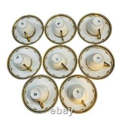 8 Bernardaud Limoges France Demitasse Cups & Saucers White Gold Leaf Encrusted