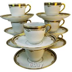 8 Bernardaud Limoges France Demitasse Cups & Saucers White Gold Leaf Encrusted