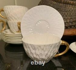 8 Coalport Oversized Cups & Saucers Textured White Gold Off-set Swan Neck Handle