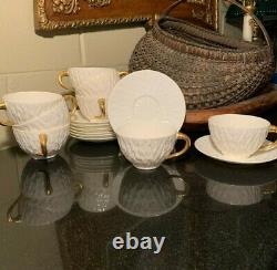 8 Coalport Oversized Cups & Saucers Textured White Gold Off-set Swan Neck Handle