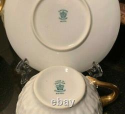 8 Coalport Oversized Cups & Saucers Textured White Gold Off-set Swan Neck Handle