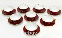 8 Minton England Porcelain Cup & Saucers, circa 1900. Red with Gold Trim