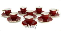 8 Minton England Porcelain Demitasse Cup & Saucers, circa 1900. Red w Gold Trim