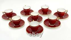 8 Minton England Porcelain Demitasse Cup & Saucers, circa 1900. Red w Gold Trim