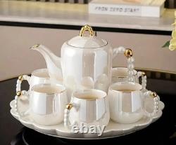 8 Piece Porcelain White Gold Trim Tea Set Cup and TeaPot With Tray Pearl Design