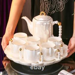 8 Piece Porcelain White Gold Trim Tea Set Cup and TeaPot With Tray Pearl Design