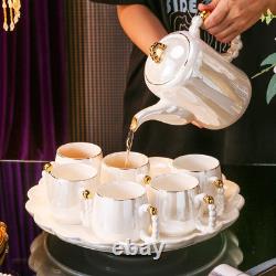 8 Piece Porcelain White Gold Trim Tea Set Cup and TeaPot With Tray Pearl Design
