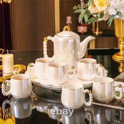 8 Piece Porcelain White Gold Trim Tea Set Cup and TeaPot With Tray Pearl Design