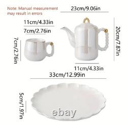 8 Piece Porcelain White Gold Trim Tea Set Cup and TeaPot With Tray Pearl Design