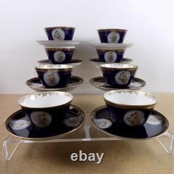 8 William Guerin Limoges Cups & Saucers Cobalt Blue Gold Lady Cameos Antique