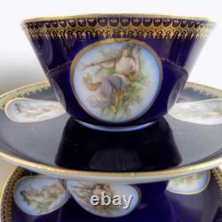 8 William Guerin Limoges Cups & Saucers Cobalt Blue Gold Lady Cameos Antique