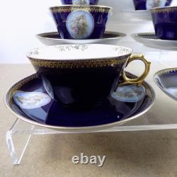 8 William Guerin Limoges Cups & Saucers Cobalt Blue Gold Lady Cameos Antique