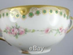 8x ANTIQUE THEODORE HAVILAND LIMOGES GILDED FLORAL PAINTED BOUILLON CUP & SAUCER