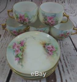 AK France Limoges Pottery Heavy Gold Trim Tea Cup Saucers Pink Floral Lot of 5