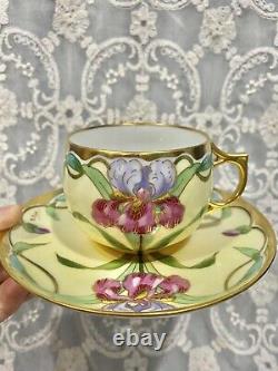 AK Limoges Pink Rose Hand Painted Orchid Gold Tea Cup Saucer France Signed