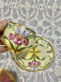 AK Limoges Pink Rose Hand Painted Orchid Gold Tea Cup Saucer France Signed