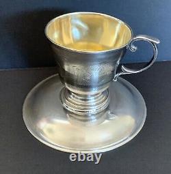ANTIQUE 925 STERLING SILVER And Gilded COFFEE CUP & SAUCER Engraved 192gr/6.8 Oz
