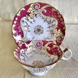 ANTIQUE English Porcelain Tea Cup and Saucer Duo Pink Red Gold Gilded Alcock
