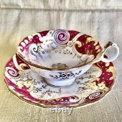 ANTIQUE English Porcelain Tea Cup and Saucer Duo Pink Red Gold Gilded Alcock