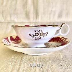 ANTIQUE English Porcelain Tea Cup and Saucer Duo Pink Red Gold Gilded Alcock