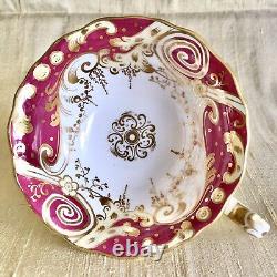 ANTIQUE English Porcelain Tea Cup and Saucer Duo Pink Red Gold Gilded Alcock