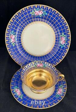 ANTIQUE FRANZISKA HIRSCH painted DRESDEN GOLD ENCRUSTED CUP SAUCER PLATE TRIO