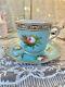 Antique Minton Hand Painted Cup & Saucer Turquoise Blue Gold Rose
