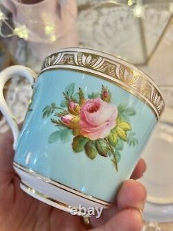 ANTIQUE MINTON HAND PAINTED CUP & SAUCER Turquoise Blue Gold ROSE