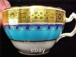 ANTIQUE MINTON PORCELAIN ENAMELED CUP & SAUCER Turquoise Blue Gold Encrusted