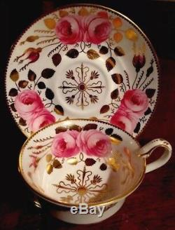 ANTIQUE SPODE COPELANDS 1800s HAND DECORATED ROSES GILDED TEA CUP & SAUCER 3886